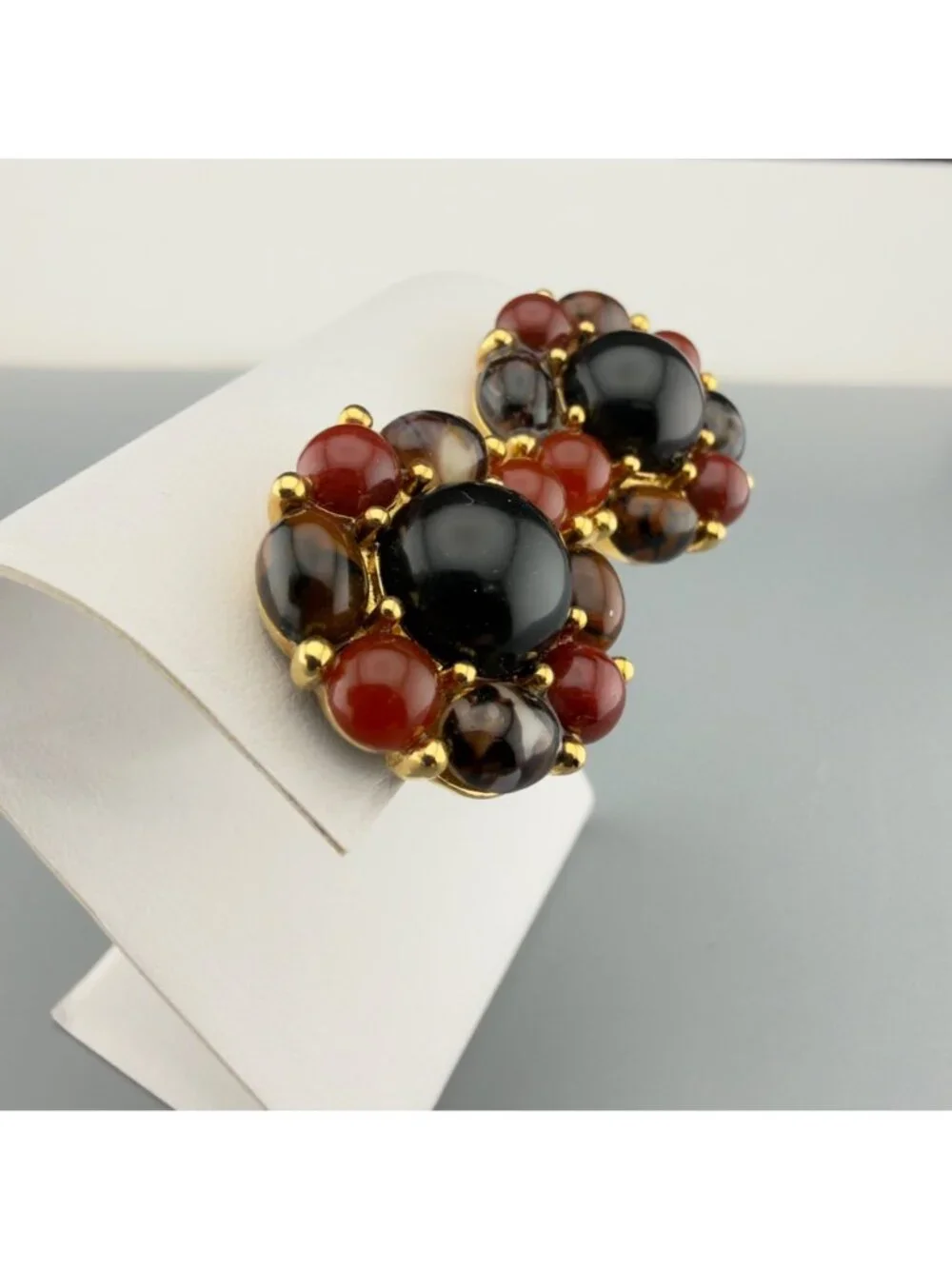 Vintage Monet Clip On Earrings Gold Tone Black Cabochon Cluster Fall Autumn